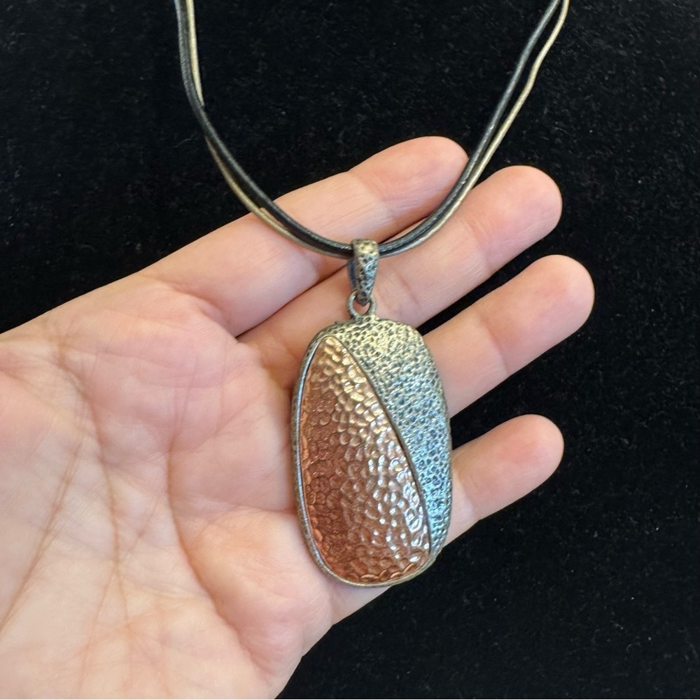 Chico’s Copper & Gunmetal Tone Pendant Black Gold Leather Cords Necklace Jewelry